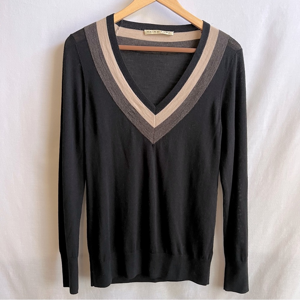 Trina Turk Merino Wool V-Neck Black Brown Lightweight Sweater